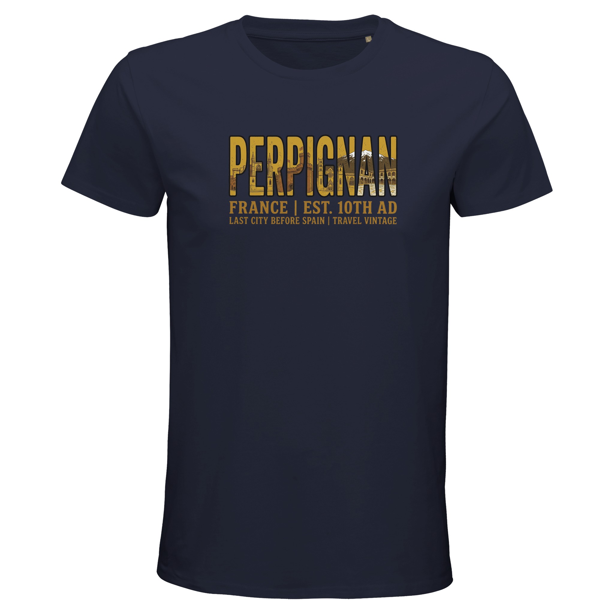 T-shirt Perpignan homme bio ajusté ville vintage T-shirt Perpignan homme bio ajusté ville vintage