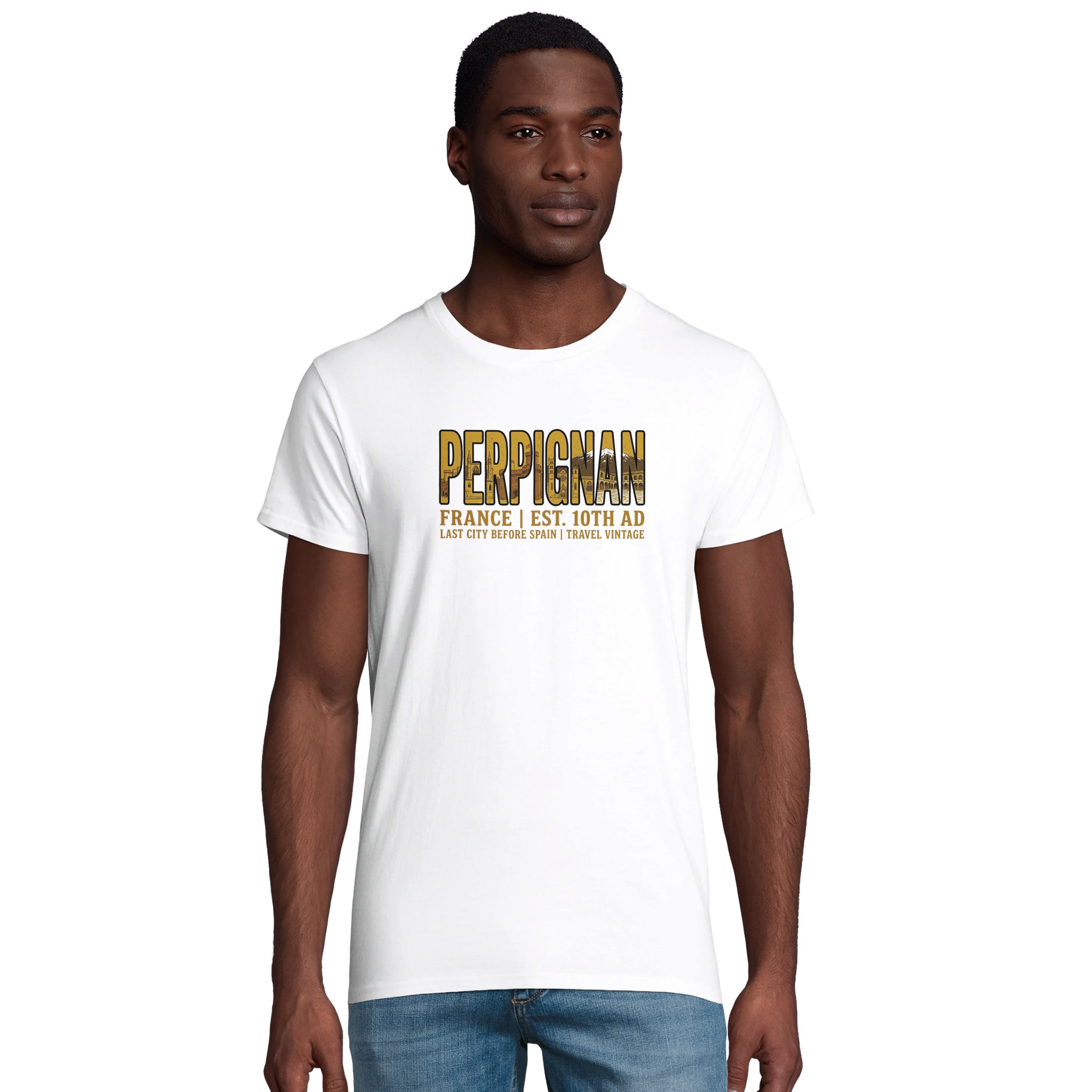 T-shirt Perpignan homme bio ajusté ville vintage T-shirt Perpignan homme bio ajusté ville vintage