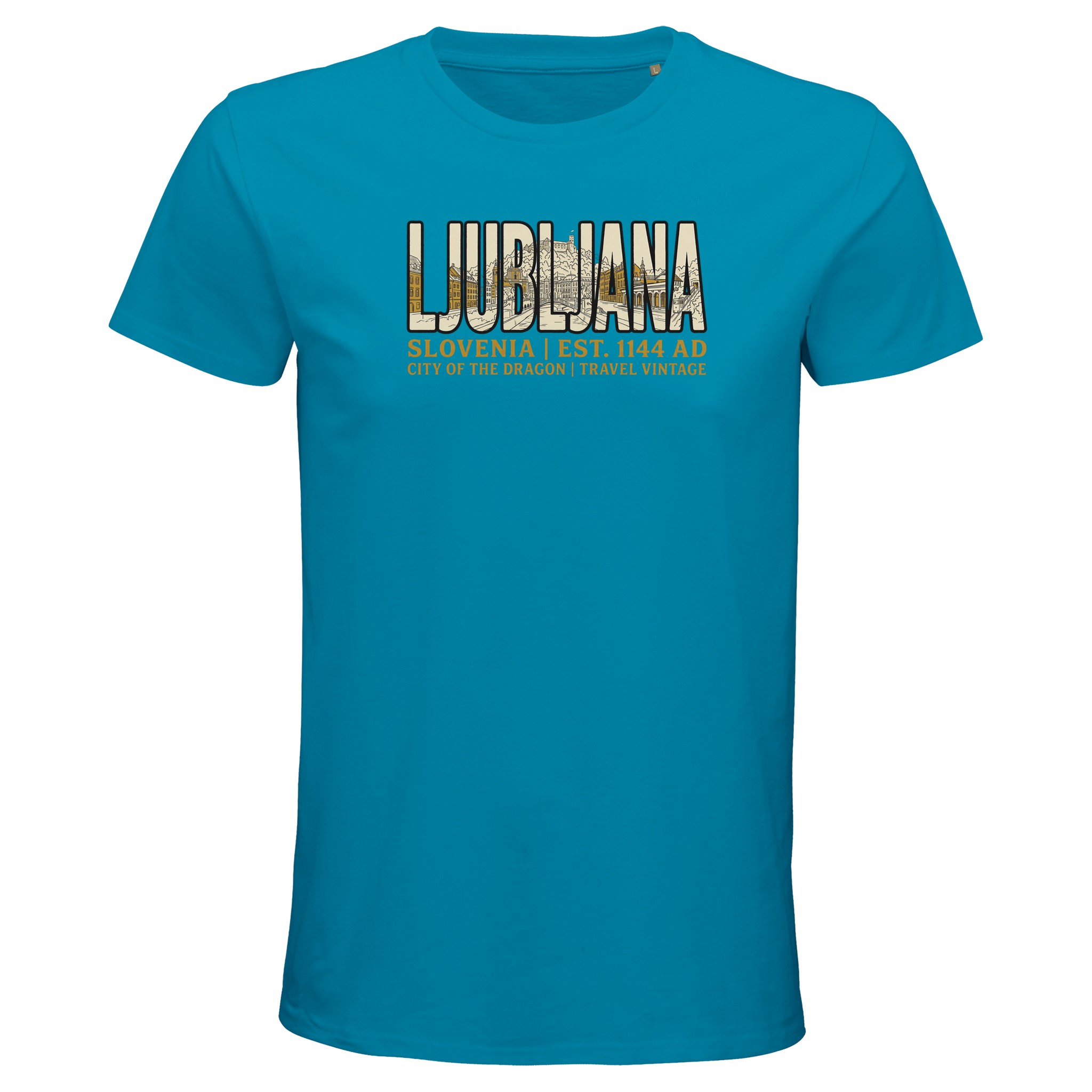 T-shirt Ljubljana homme bio ajusté ville de Slovénie, coloris Aqua