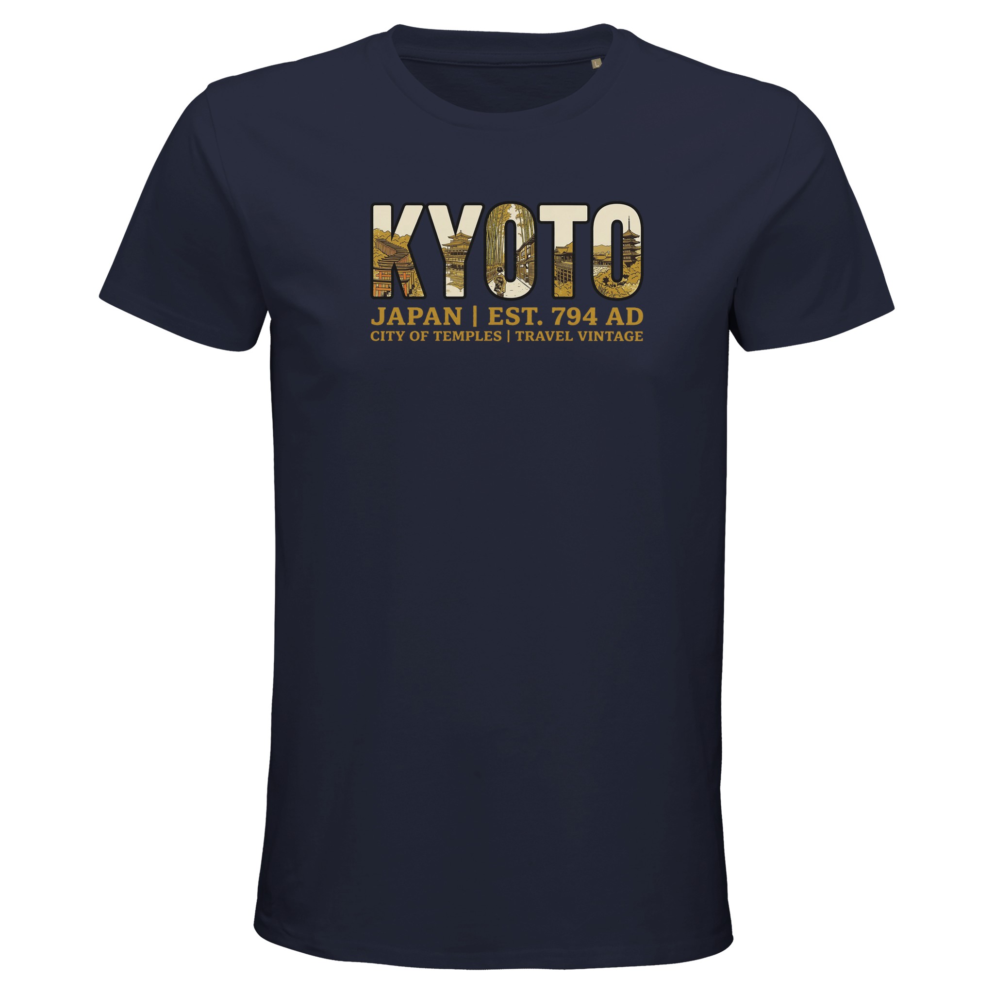 T-shirt Kyoto homme bio ajusté illustration temples, coloris French Navy