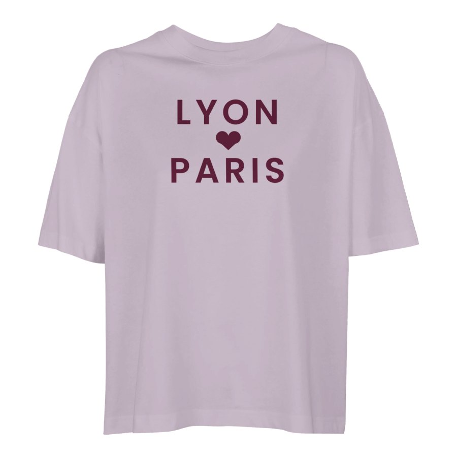 T-shirt femme ample lilas imprimé Lyon, un cœur, Paris