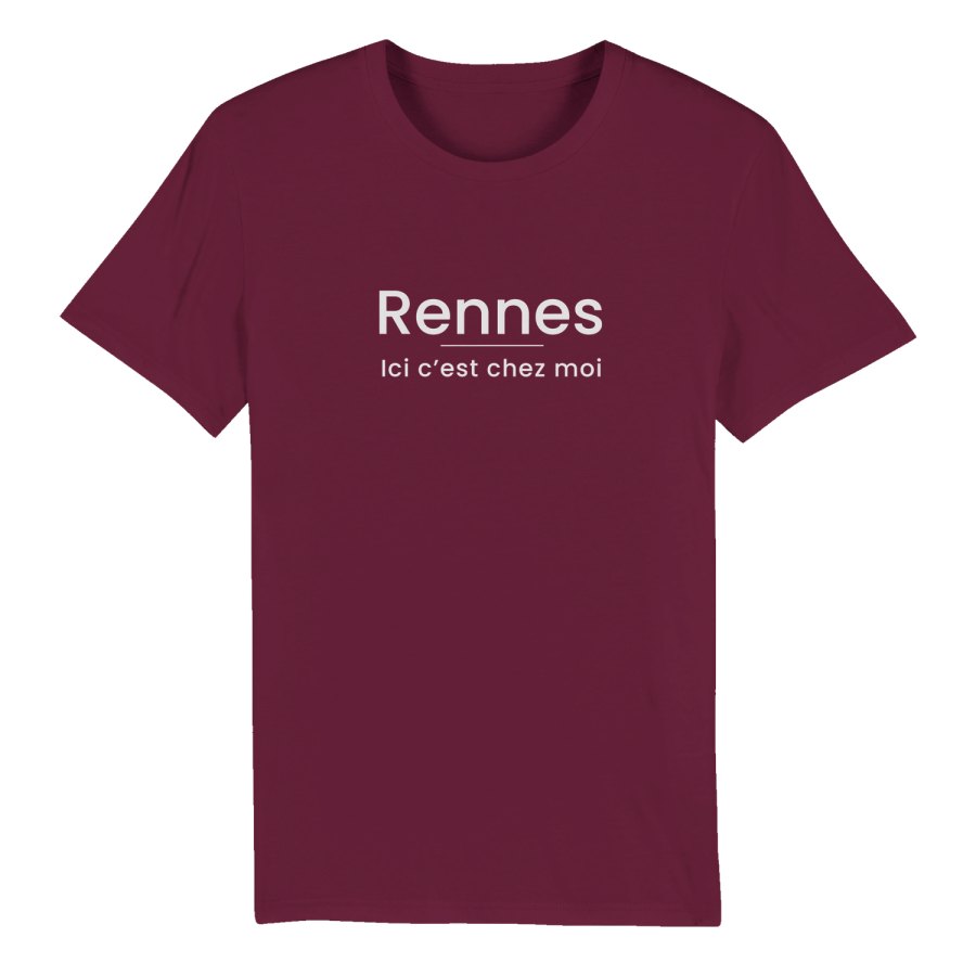 T-shirt bordeaux imprimé Rennes, ici c’est chez moi, en encre blanche